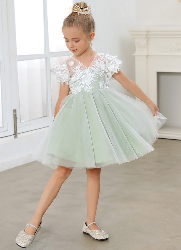 Robe Cérémonie Tulle Verte Fleuri - gallery 1
