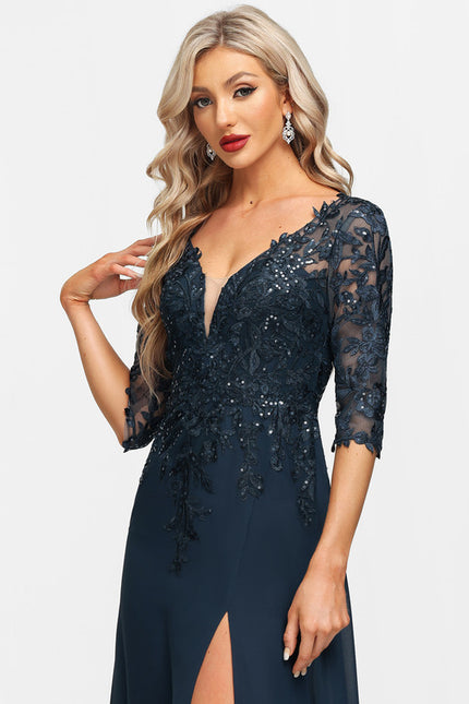 Robe Cérémonie Longue En Dentelle Marine - gallery 1