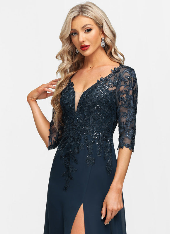 Robe Cérémonie Longue En Dentelle Marine - gallery 1