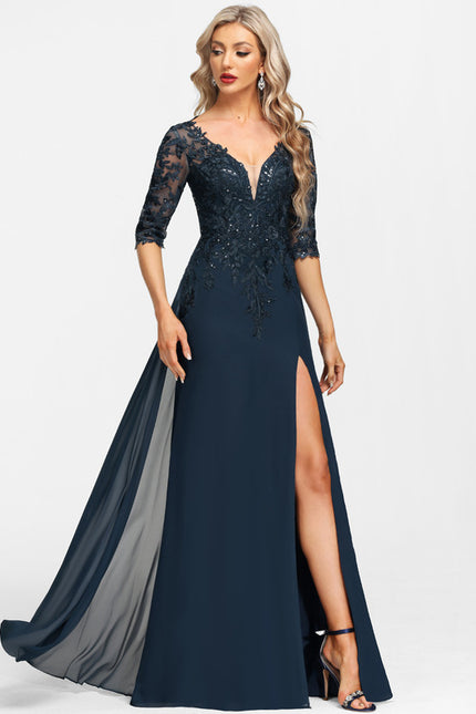 Robe Cérémonie Longue En Dentelle Marine - gallery 4