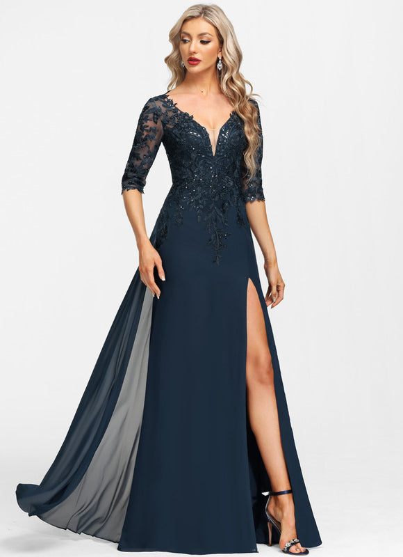 Robe Cérémonie Longue En Dentelle Marine - gallery 4