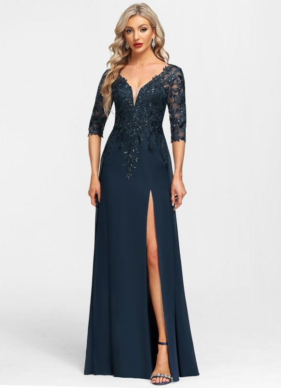 Robe Cérémonie Longue En Dentelle Marine - gallery 2
