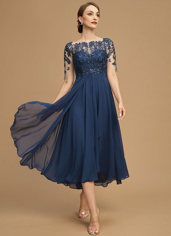 Robe Cérémonie Bleu Nuit Dentelle Élégante