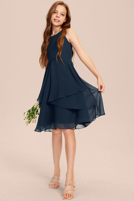 Robe Cérémonie Mousseline Marine Ajustée - gallery 4