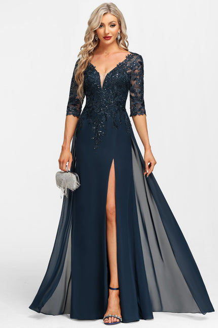 Robe Cérémonie Longue En Dentelle Marine