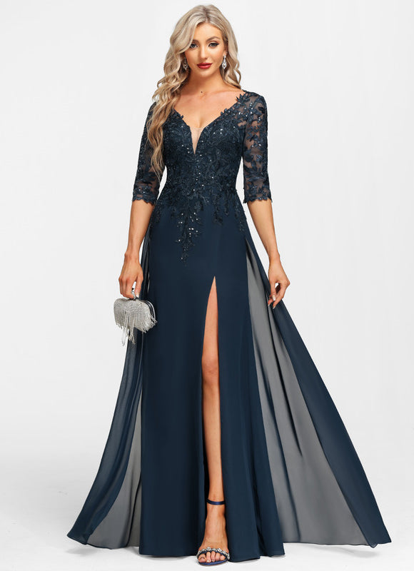 Robe Cérémonie Longue En Dentelle Marine
