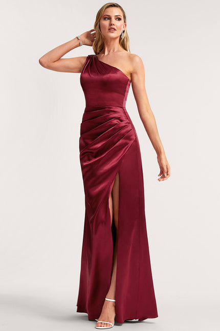 Robe Cérémonie Satin Bordeaux Asymétrique - gallery 1