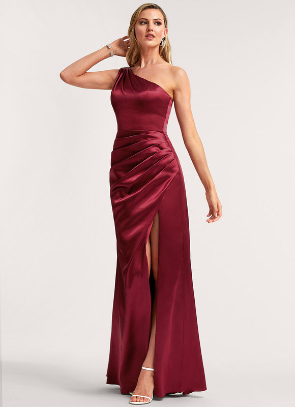 Robe Cérémonie Satin Bordeaux Asymétrique - gallery 1