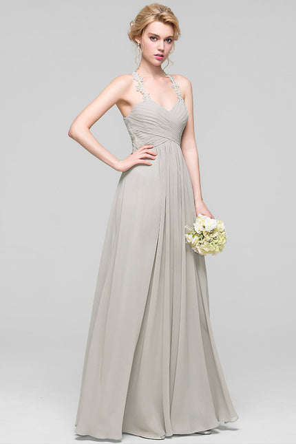 Robe Cérémonie Gris Clair Mousseline À Volants - gallery 3
