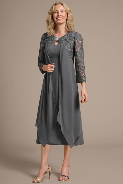 Robe Cérémonie Fluide Dentelle Argentée - gallery 3