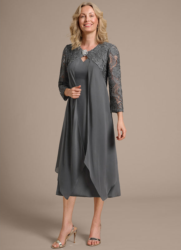 Robe Cérémonie Fluide Dentelle Argentée - gallery 3