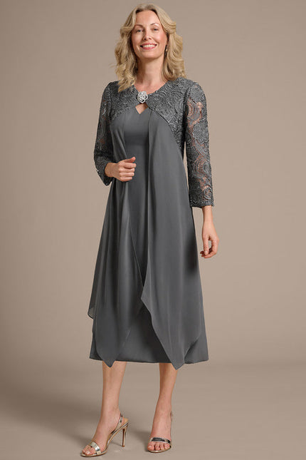 Robe Cérémonie Fluide Dentelle Argentée - gallery 3