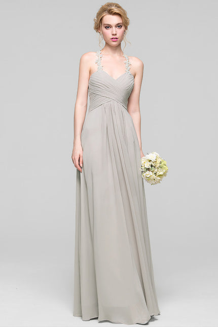 Robe Cérémonie Gris Clair Mousseline À Volants - gallery 2