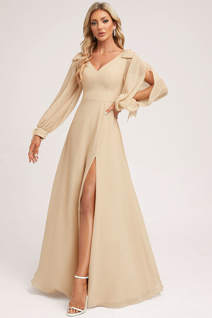 Robe Cérémonie Mousseline Beige - gallery 2