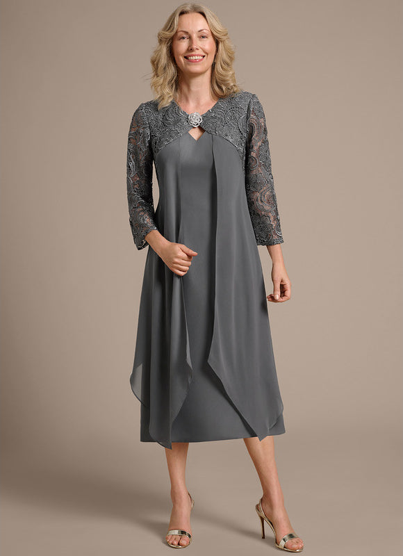 Robe Cérémonie Fluide Dentelle Argentée