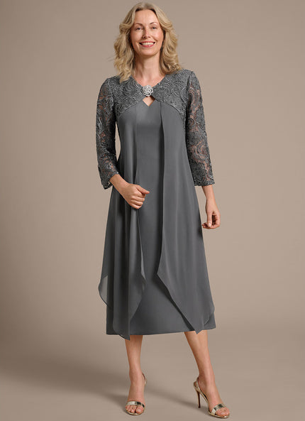 Robe Cérémonie Fluide Dentelle Argentée