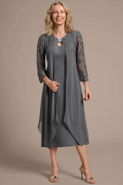 Robe Cérémonie Fluide Dentelle Argentée