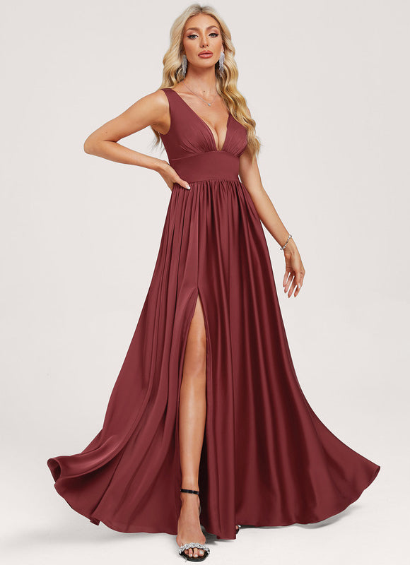 Robe Cérémonie Rouge Sombre Satiné - gallery 2