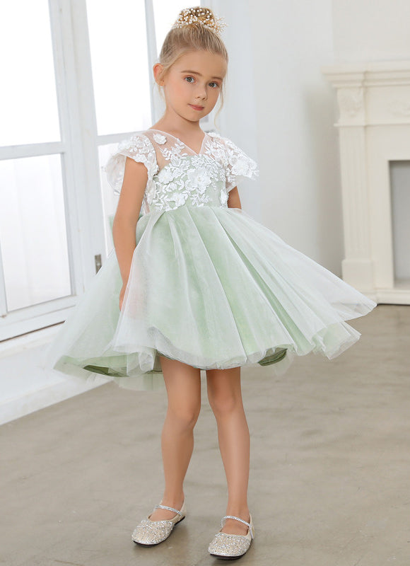 Robe Cérémonie Tulle Verte Fleuri - gallery 3