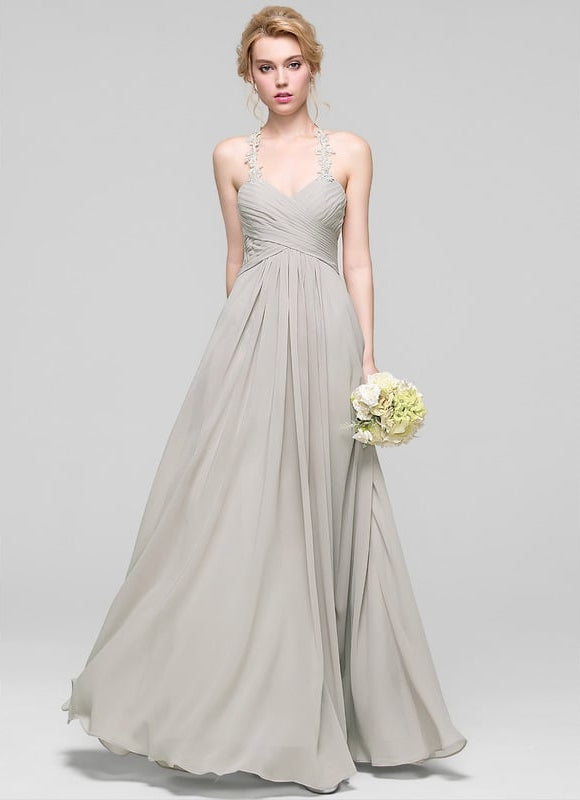 Robe Cérémonie Gris Clair Mousseline À Volants