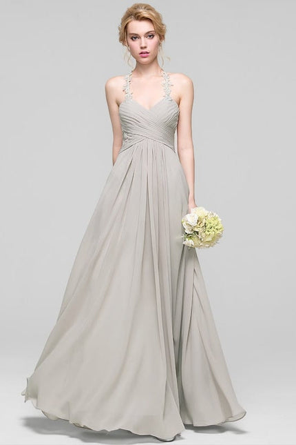 Robe Cérémonie Gris Clair Mousseline À Volants