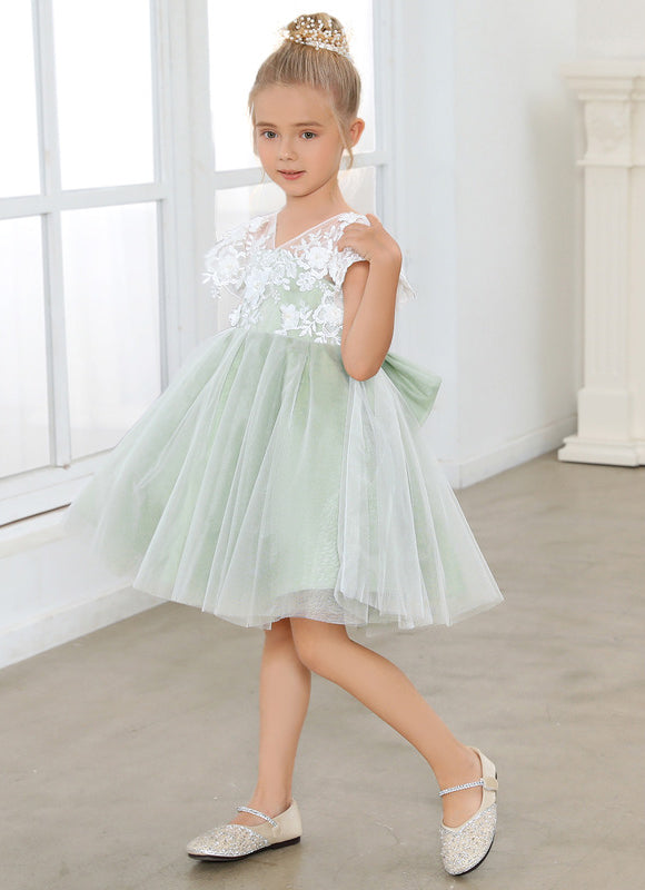 Robe Cérémonie Tulle Verte Fleuri - gallery 4