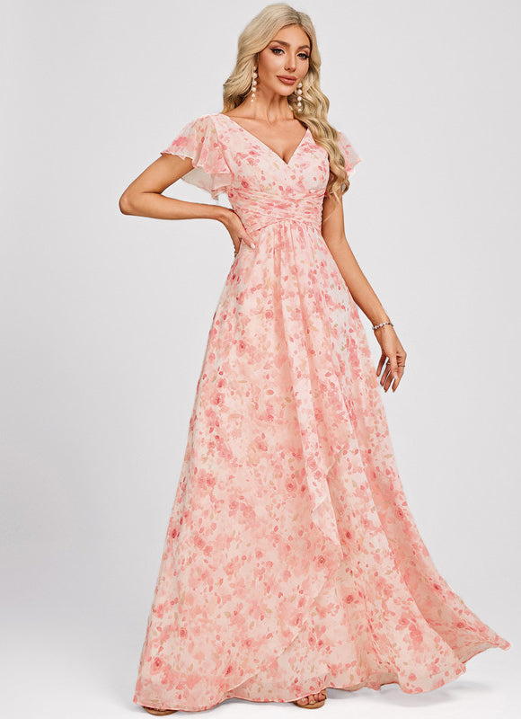 Robe Cérémonie Longue Volants Rose