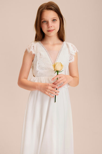 Robe Cérémonie Dentelle Col V Blanc - gallery 3
