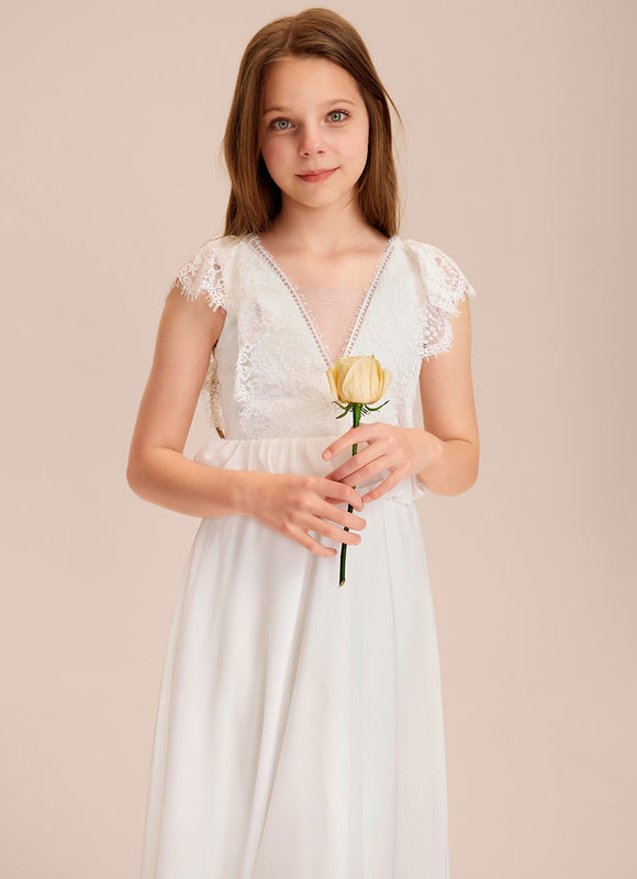 Robe Cérémonie Dentelle Col V Blanc - gallery 3