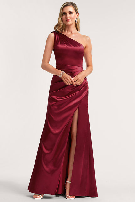 Robe Cérémonie Satin Bordeaux Asymétrique