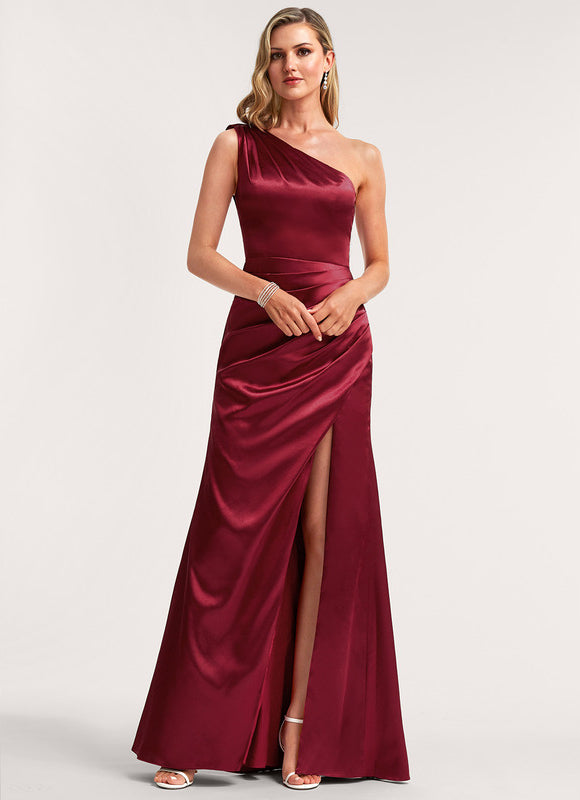 Robe Cérémonie Satin Bordeaux Asymétrique
