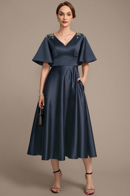 Robe Cérémonie Satin Marine Élégant