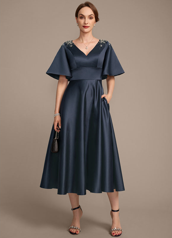 Robe Cérémonie Satin Marine Élégant