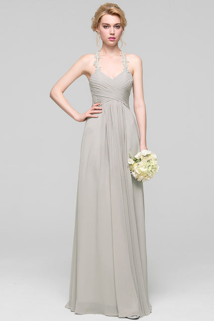 Robe Cérémonie Gris Clair Mousseline À Volants - gallery 1